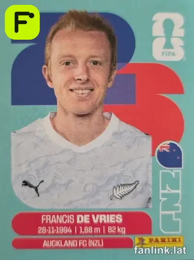 Francis de Vries #NZL8 — Lámina Panini FIFA World Cup 2026